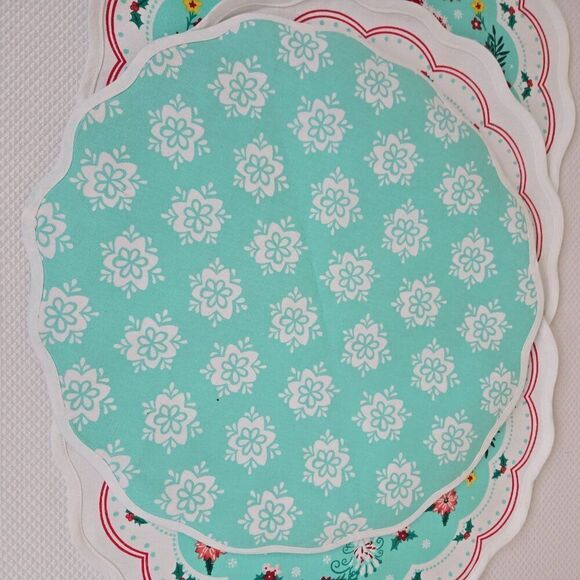 Pioneer Woman Mazie Bird Fabric Placemats Red Teal Set of 4 Reversible 16" Round - Picture 3 of 3